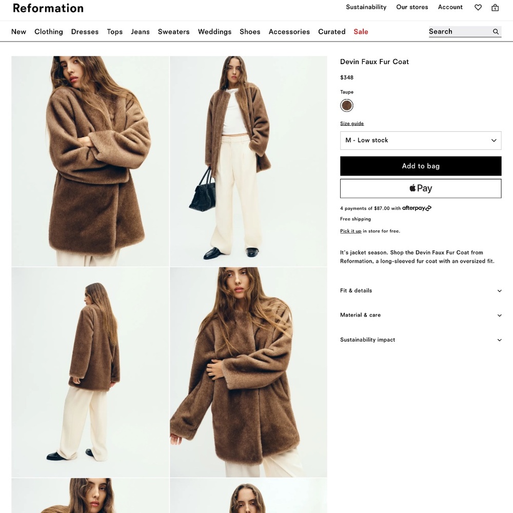 NWT Reformation Brown Faux Fur Coat, M
